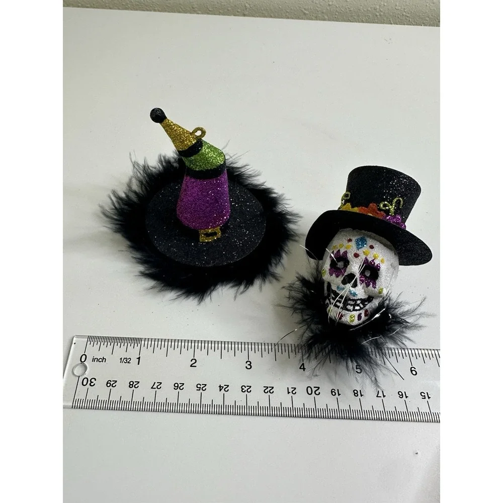 Pier 1 Halloween Ornament Day of Dead Top Hat Witch Hat Glitter Hanging Set 2